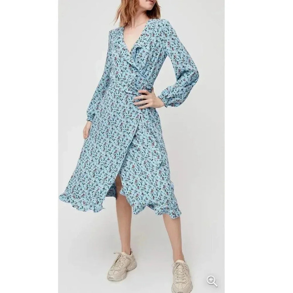 Aritzia Little Moon Elm Blue Floral Wrap Midi Dress Cottagecore Prairie Ruffles - Picture 2 of 8